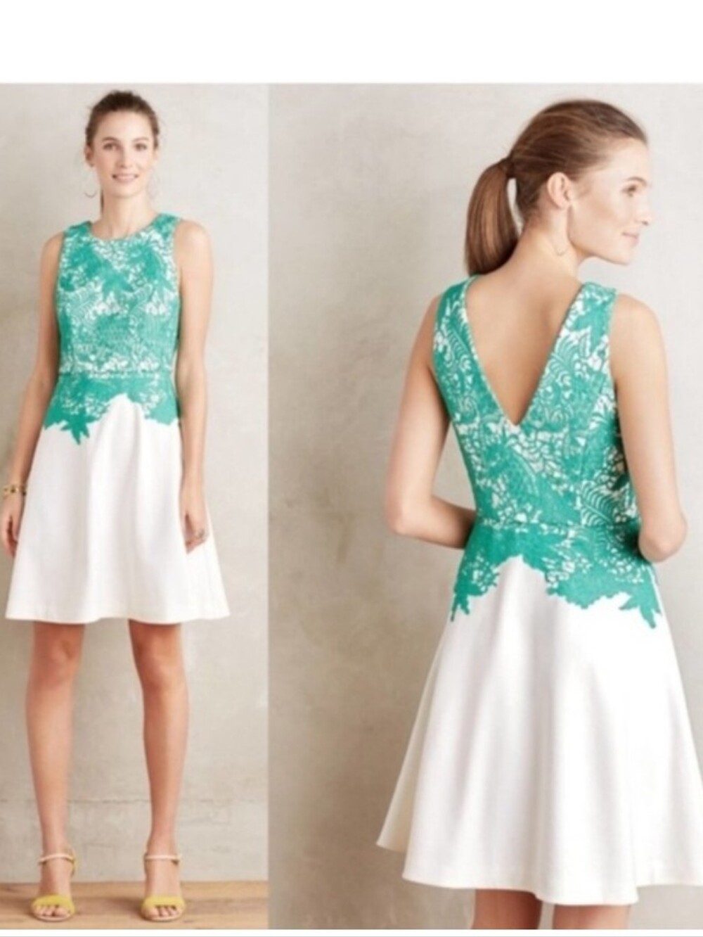 Moulinette Soeurs Teal Lace Bodice White Skirt Fit-and-Flare Dress